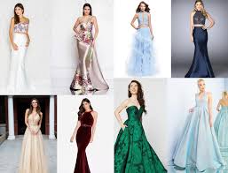 illustration of five prom dress silhouettes — A-line, ballgown, sheath, two-piece