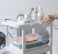 Prateleira de Armazenamento Multifuncional Ajustável de Plástico com 4  Camadas e Rodas para Banheiro, Lavanderia, Livros e Armazenamento.
