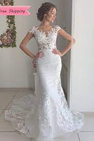 Free Shipping Cap Sleeves Appliques Mermaid Wedding Dress With Detachable Train Wedding Dress Cap Sleeves Wedding Cap Sleeves Cap Sleeve Wedding Dress Mermaid