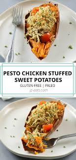 Butter is blended with chipotle peppers and honey, making a perfectly balanced topping for the spuds. Pesto Chicken Stuffed Sweet Potatoes With Crispy Quinoa Jz Eats