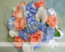 Blue hydrangea and coral wedding bouquets. Coral Blue And White Bridal Bouquet White Bridal Bouquet Coral Roses Bridal Bouquet