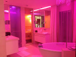 Stylish Bathroom With Sauna And Steam Shower And Pink Light Stylish Bathroom Dream Bedroom Lights