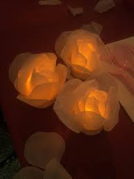 Electric Tea Lights With Silk Flower Petals Taped On Lit Up Roses Tea Light Crafts Rose Petals Craft Electric Tea Lights