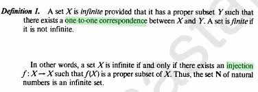 A set $x$ is infinite if and only if it is equipotent to a proper subset of itself. Dedekind Infinite Set Definition Mathematics Stack Exchange