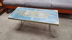 Hand painted coffee, console, sofa & end tables : Small Scale Ornately Hand Painted Coffee Table On Wrought Iron Base From Peg Leg Vintage Of Beltsville Md Attic