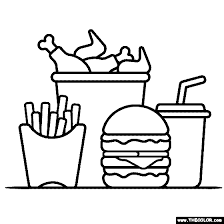 There are numerous types of food items, such as fruits, vegetables, bakery products, dairy products, fish products, meat products, cookies, ice creams, junk foods, etc. Junk Food Coloring Page