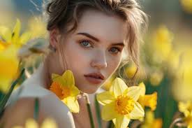 Spring fashion closeup portrait of beautiful sensual young woman in yellow  daffodils