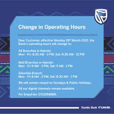 We did not find results for: Stanbic Bank Kenya On Twitter Dear Customers In Light Of The Covid 19 Safety Measures We Have Revised Our Business Operating Hours Effective 29th March Our Nairobi Branches Mon Fri 8 30am 3pm Sat 8 30am 12pm