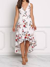 C'est le look de d'été, il ne faut pas passer à côté! Robe Longue Imprime A Fleurie Court Devant Longue Derriere V Cou Sans Manches Elegant Blanc Robe Longue Robes