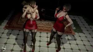 zipling, ada wong, claire redfield, capcom, resident evil, resident evil 2,  black legwear, garters, red footwear, animated, blender (medium), video,  1boy, 20s, 2girls, 3d, age difference, ass, bench, black hair, blonde hair,