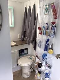 Travel Trailer Bathroom Rv Hacks Travel Trailers Camper Organization Travel Trailers Travel Trailer Storage