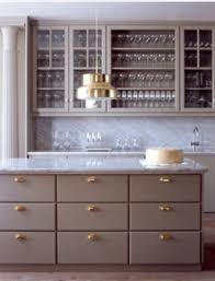 White Marble And Mushroom Colored Cabinets Possibly Antiqued Brass Fixtures Grey Kitchen Cabinets Kitchen Inspirations Gold Kitchen