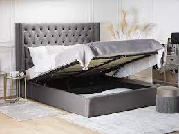 lit double en velours gris avec rangement 160 x 200 cm lubbon beliani fr lit capitonne lits doubles tete de lit capitonnee