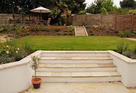 The Combination Of Rendered Walls Wide Steps Warm Stone Copings And Nice Planting Is Very Nice A White Render And Sloped Garden Steep Gardens Garden Steps