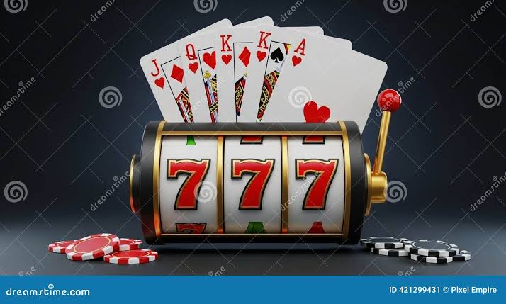 Slot Machine with Winning Triple Sevens and Poker Hand of Royal Flush on  Dark Background Stock Illustration - Illustration of reward, risk: 421299431