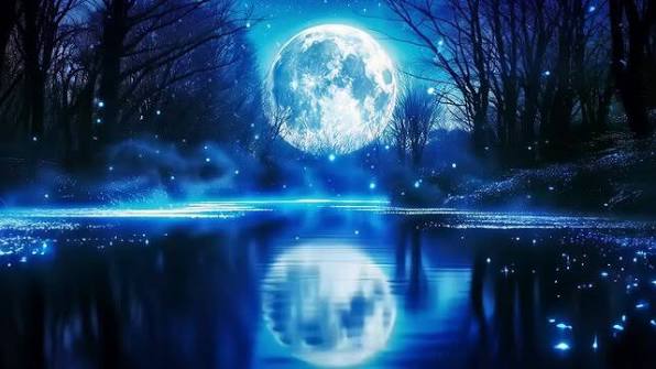 Bright full moon over a mystical blue lake with glowing particles.  Dreamlike forest and water. Night fantasy scene. Fairy tale concept  animation.