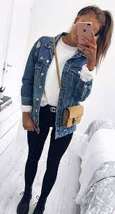 How To Wear A Denim Jacket White Top Bag Black Skinnies Boots Fashion Teenage Jacket Outfits Fashion