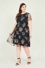 Up to 62 cm, hips: Black Plus Size Floral Mesh Skater Dress