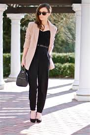 Black And White Striped Jumpsuit With Jacket Women S Beige Blazer Black Jumpsuit Black Suede Pumps Black Leather Handbag Stylish Work Outfits Black Jumpsuit Outfit Fashion