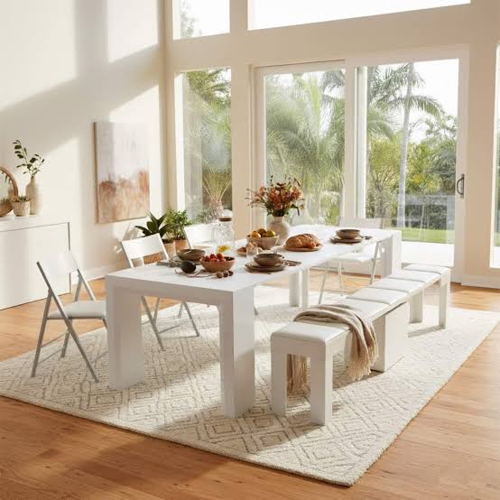 Modern extendable dining table mechanism and compact apartment dining setup