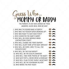 Printable Baby Game Mommy Or Daddy Mom Or Dad Game Guess Etsy In 2021 Virtual Baby Shower Ideas Cool Baby Stuff Printable Baby Shower Games