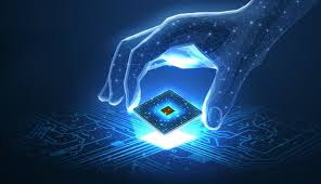 Representação visual de qubits interconectados em um ambiente de computação quântica, com luzes azuis e roxas.