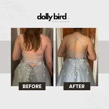 Prom dress before and after alterations showing improved fit