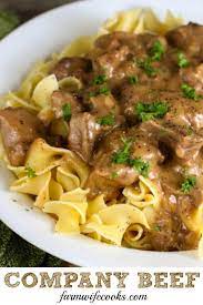 Company Beef Is An Easy Stew Beef Recipe That Uses 5 Ingredients And Is Made With Ginger Ale And Onion Soup Packet And Easy Stew Beef Stew Recipe Beef Recipes