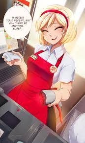 safe, artist:merunyaa, 1girl, 2019, :d, ^ ^, apron, bad id, bad pixiv id,  barcode scanner, blonde hair, blush, breasts, cash register, cashier,  character name, closed eyes, collared shirt, commentary, earrings, english  commentary,