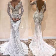 Luxury Full Lace Mermaid Wedding Dresses Long Sleeve Pearls Waist Backless V Neck Long Sleeves Embroidery Bridal Gowns Lace Wedding Dresses Cheap Latest Wedding Lace Mermaid Wedding Dress Lace Bridal Gown