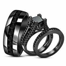 Black Gold Over Princess Diamond Wedding Bridal Trio Ring Set Engagement Ring By Silverjewelrydiamon Black Gold Ring Black Wedding Ring Sets Black Gold Jewelry