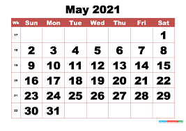 The year 2021 is a common year, with 365 days in total. Free Printable May 2021 Calendar With Week Numbers