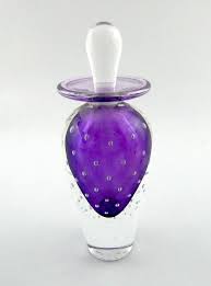 Lewis Olsen Signed Controlled Bubble Purple Art Glass Perfume Bottle w  Stopper