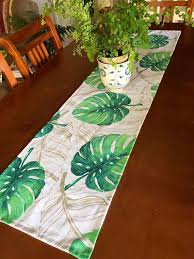 This Beautiful Table Runner Is Made From A Tropical Decorator Fabric Featuring Monstera Leaves On A White Ba Tropical Table Runners Fabric Decor Boho Interiors