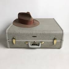 1950s Light Gray Samsonite Suitcase Style 5451 With Yellow Interior Original Hangers And Initials B J S 21 Suitcase Side Table Prop Yellow Interior Light Grey Light Grey Texture