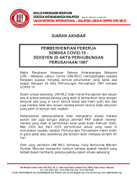 Anda boleh memfailkan kes untuk mendapatkan semula pekerjaan mengikut akta perhubungan perusahaan 1967 seksyen 20(1) di jabatan perhubungan perusahaan dalam masa 60 hari dari tarikh mereka dikenakan tindakan. Uni Malaysia Labour Centre Siaran Akhbar Pemberhentian Pekerja Semasa Covid 19 Seksyen 20 Akta Perhubungan Perusahaan 1967