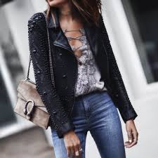 Lace Studs Fashion Clothes Leather Jacket Style