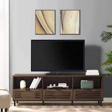 This low profile, classic long tv bench is featured in our rich espresso wood grain finish accented with imitation nickel handles, includes 2 drawers and 2 open center shelves and two cupboards. Manor Park Jackson Modern Slatted 3 Drawer Tv Stand Dark Walnut Walmart Com Walmart Com
