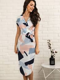Geo Print Tie Waist Curved Hem Casual Dress Fashion Casual Dress Womens Fashion Online
