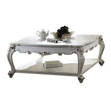 Light gray/clear medium square glass coffee table. Acme Picardy Coffee Table Square In Antique Pearl 85460