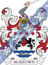 The coat of arms has the blazon of a silver field, a red hand couped between two black lions combatant, in chief four red knights spurs. Mckeown Family Crest Coat Of Arms And Name History