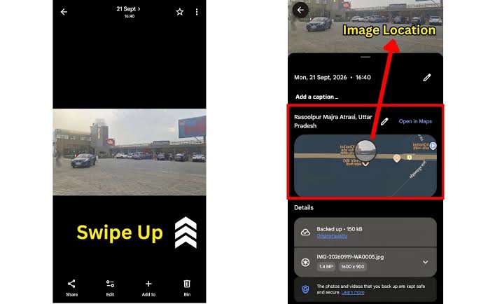 Viewing location details and map preview in Google Photos, AI generated