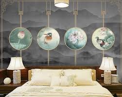 Decoration Style Japonais Papier Peint Intisse Xxl Paysage Gris Fonce Avec Les Lotus Et Les Oiseaux Atelier Wybo Papier Peint Paysage Gris Et Decoration Maison