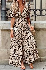 Leopard Casual V Neck Short Sleeves Maxi Dress In 2020 Maxi Dress With Sleeves Leopard Print Dress Maxi Dress
