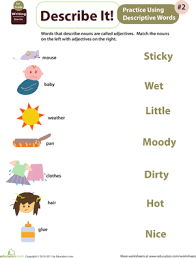 Get Into Grammar Descriptive Words 2 Worksheet Education Com Describing Words Descriptive Words Letter Recognition Worksheets