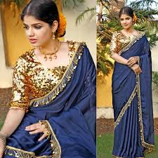 Black And Gold Combination Blouse Designs Amazing Golden And Blue Combination Designer Saree With Golden Designer Blouse Saree Designs Saree Blouse Designs