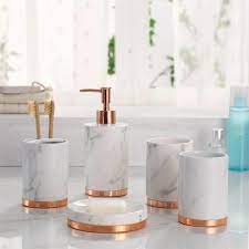 Love Rose Gold Shop Marble Look With Rose Gold Trim 5 Piece Bathroom Accessory Set Marble Bathroom Accessories Gold Bathroom Accessories Gold Bathroom Decor