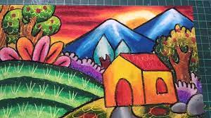 Pemandangan gunung sebagian besar gambar dengan tema pemandangan desa menambahkan gunung di belakangnya. Pemandangan Rumah Di Desa Cara Menggambar Dan Mewarnai Dengan Oil Pastel Pentel Arts 50 Oil Pa Youtube