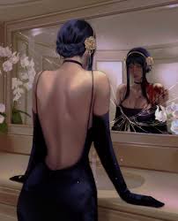 yor briar, spy x family, absurdres, highres, 1girl, backless dress,  backless outfit, bare shoulders, bathroom, black choker, black dress, black  gloves, black hair, blood, blood on breasts, blood on face, braid, breasts,  broken mirror, choker, cleavage, cowboy shot ...