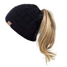 Buy Alepo Womens High Messy Bun Beanie Hat With Ponytail Hole Winter Warm Knit Ski Skull Cap Black At Amazon In
